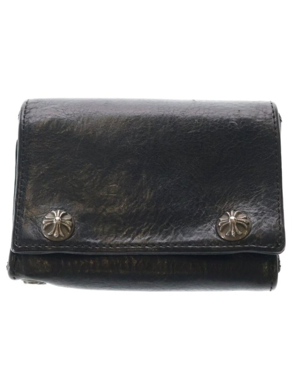 Chrome Hearts 3 Fold Cross Ball Button Patch Leather Wallet Black